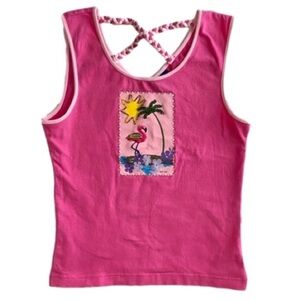 LIMITED TOO Tank Top Pink Flamingo Embellished Braided Crisscross Back Girl M/12